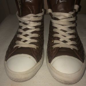 Evisu Brown White Leather Knit Hi Tops Men’s Sz 10